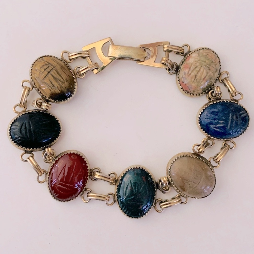 Hong Kong Scarab Semi Precious Stones Vintage Bracelet - Picture 6 of 7